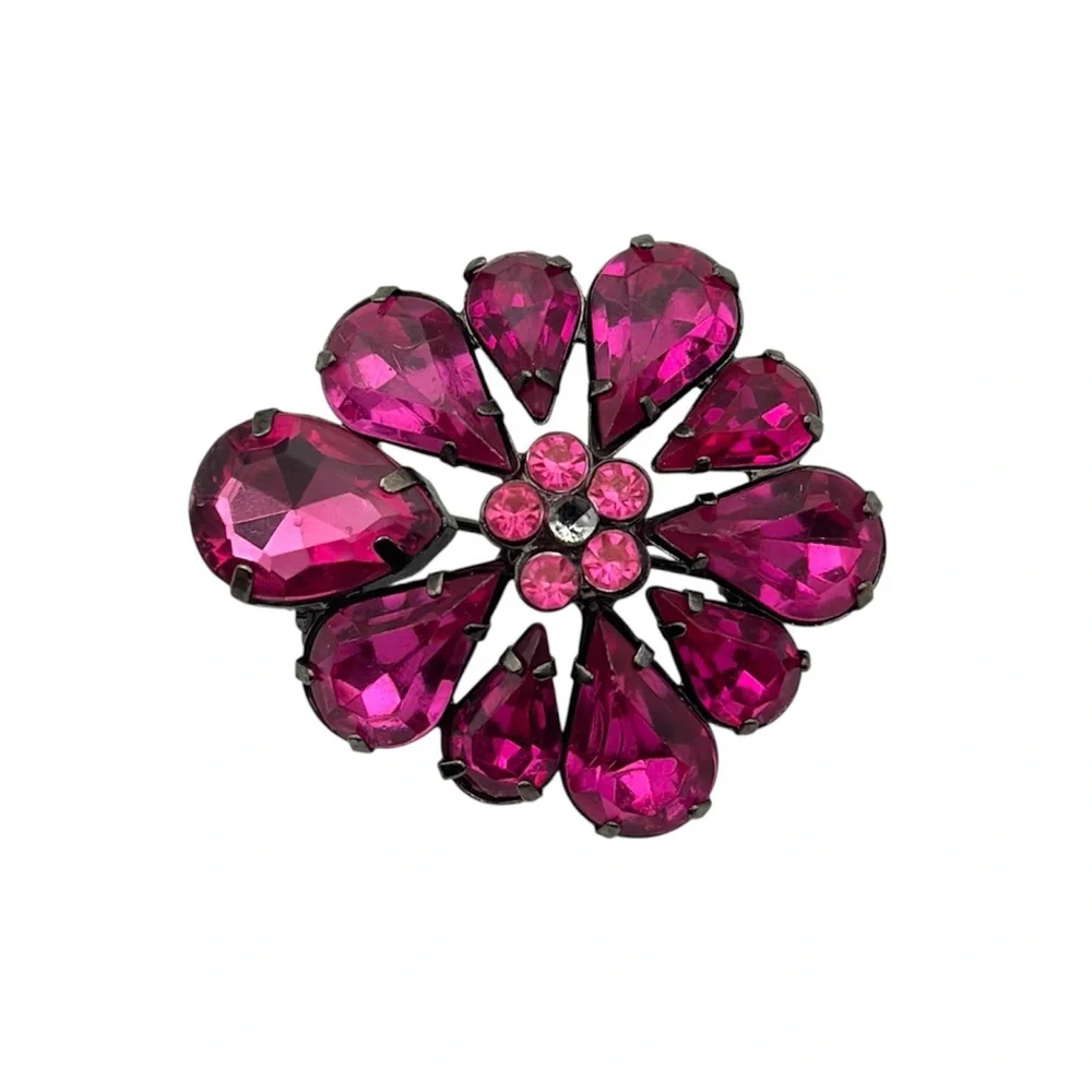 Vintage Pink Rhinestone Flower Brooch Pin Black Tone Metal Costume Jewelry